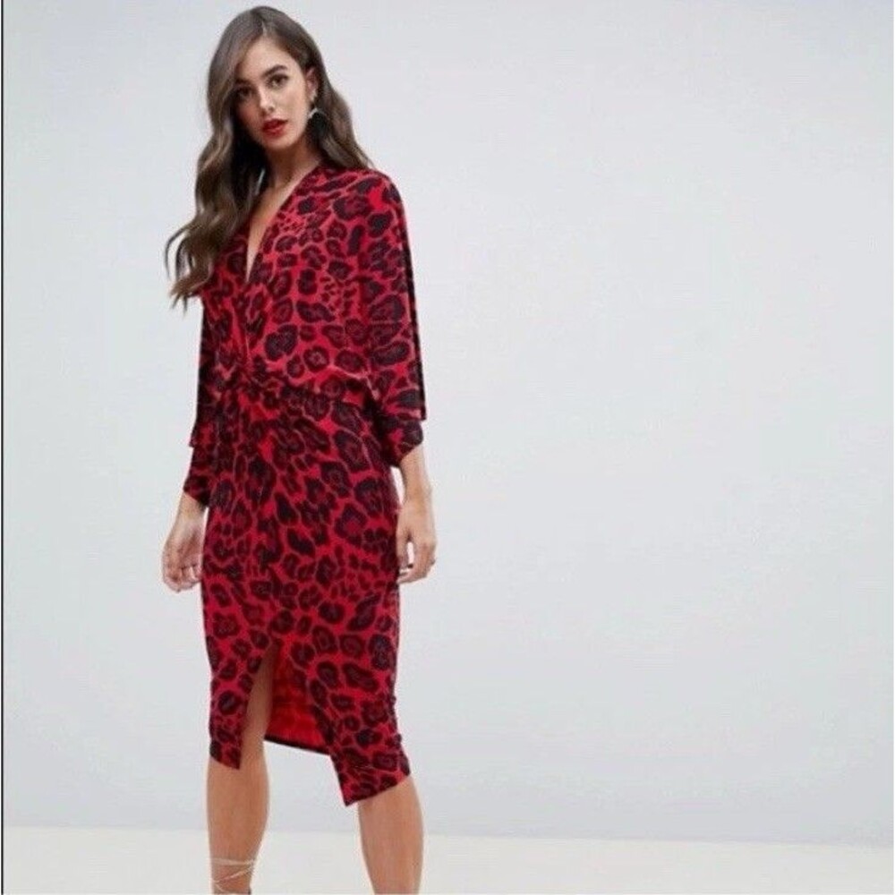 Flounce London Kimono Front Faux Wrap Red Animal Deep V Midi Dress Sz 10